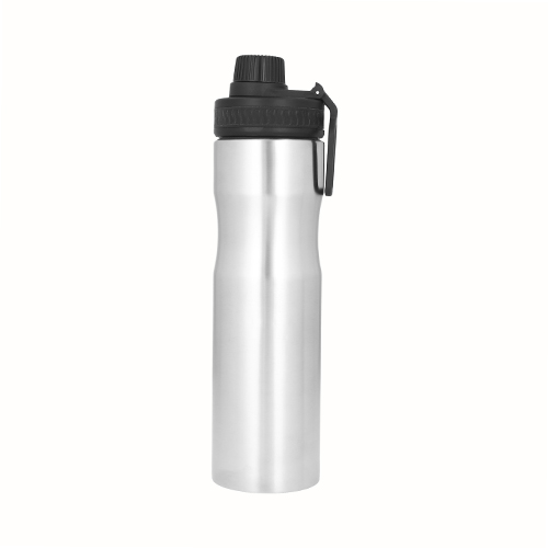 T-96, Cilindro de acero inoxidable con sujetador, tapa con cintillo de silicón y boquilla enroscable de plástico. Cap. 750 ml.